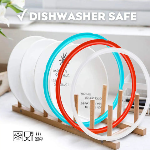 Silicone Sealing Ring 3 Pack for 6 Qt Pressure Cookers shown on a dishwasher-safe drying rack
