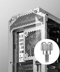 Close-up of 30 Piece Knurled Thumb Screw Set For PC Case - 6-32 And M3.5 Thread beside a computer case showing its installation