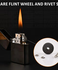 Universal Lighter Repair Kit For Zippo And Kerosene Models Featuring Straight Up Easy Fix Dope Flint Wicks Cotton Plus Gasket Seals For Knockout Spark And Rock Solid Performance. Flint wheel and rivet set with a lighter.