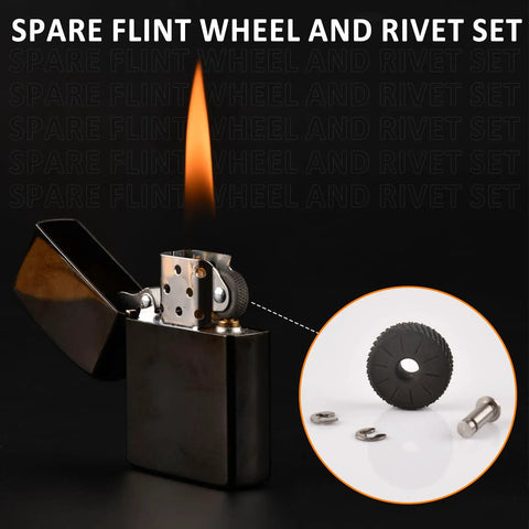 Universal Lighter Repair Kit For Zippo And Kerosene Models Featuring Straight Up Easy Fix Dope Flint Wicks Cotton Plus Gasket Seals For Knockout Spark And Rock Solid Performance. Flint wheel and rivet set with a lighter.