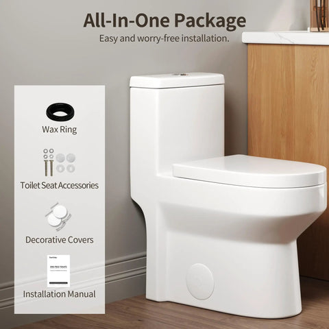 Space Saver Compact One Piece Skirted Toilet With Dual Flush Game Changer For Cramped Baths, Splash Free Quiet Flush, Foolproof 12 Inch Rough In Setup, Heavy Duty Round Bowl For Daily Use