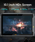 Hardened 10.1 Inch Rugged Tablet With Android 14 And 4G LTE Built Tough To Crush Any Job Site Grind IP65 Rated And MIL STD 810H Certified 8GB RAM 128GB Memory 10000mAh Battery displaying a vibrant HD+ screen.