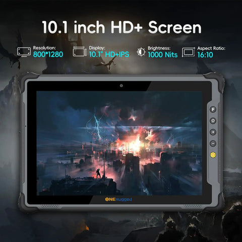 Hardened 10.1 Inch Rugged Tablet With Android 14 And 4G LTE Built Tough To Crush Any Job Site Grind IP65 Rated And MIL STD 810H Certified 8GB RAM 128GB Memory 10000mAh Battery displaying a vibrant HD+ screen.