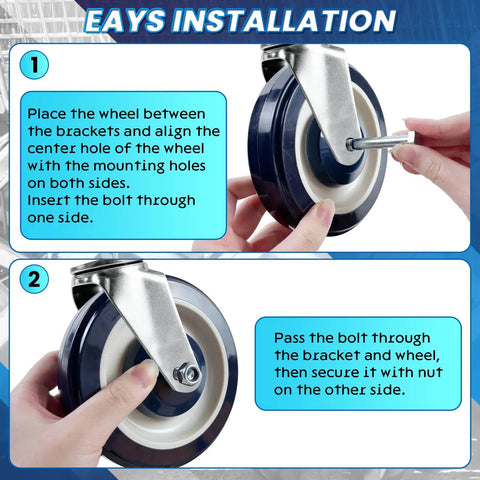 Installation steps for Heavy Duty 5 Inch Shopping Cart Wheels Replacement 8 Pack with polyurethane and steel hardware.