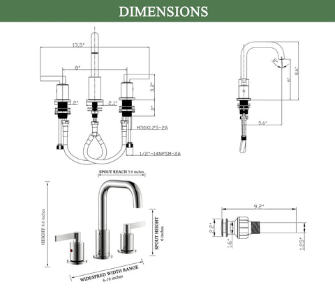 Dimensions of Chrome 8 Inch Widespread Bathroom Sink Faucet With Drain Assembly, High Arc Modern Two Handle Vanity Lavatory Faucet, 3 Holes, 360 Degree Swivel Spout, Lead Free Brass, Drip Free Ceramic Cartridge, Certified To cUPC NSF61 CEC
