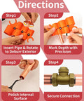 Vorhixa 12-pc pipe deburring tool set with orange clamps; four steps: insert, mark depth, polish, secure connection.