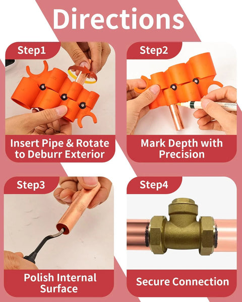 Vorhixa 12-pc pipe deburring tool set with orange clamps; four steps: insert, mark depth, polish, secure connection.