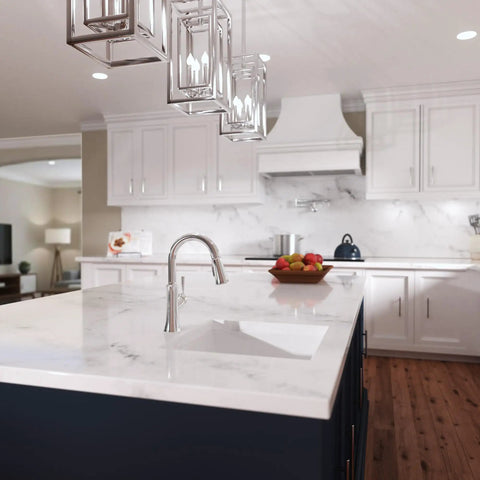 hansgrohe Joleena Pull Down Kitchen Faucet, Transitional, Magnetic Hand Sprayer, 1-Handle, 1.75 GPM, Chrome, 04112000 on marble countertop.
