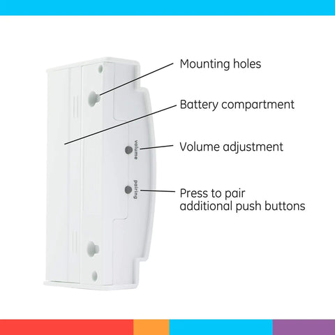 Back view of Wireless Doorbell Kit With Battery Operated Receiver And Push Button, showing volume and mounting features.