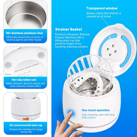 Dual Mode Ultrasonic Cleaner For Dentures Mouth Guards Toothbrush Heads And Jewelry 45 KHz Retainer Cleaner With 5 Minute Quick Blue Light Clean And 3 Minute Deep Purple Light Clean pink, 304 stainless liner, open lid