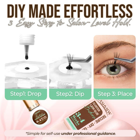 Step-by-step use of the Beast Mode Strong Hold Lash Cluster Glue For Up To 4 Weeks, Waterproof Adhesive, showing application process.