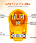 Interior view of NEMA 6-50R Receptacle 50 Amp 3-Prong 250V Welder Replacement Plug with labeled wire terminals and strain relief clip