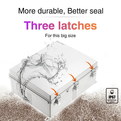 Waterproof Junction Box IP67 Outdoor Plastic Electrical Enclosure with three latches and splash design on grey cover