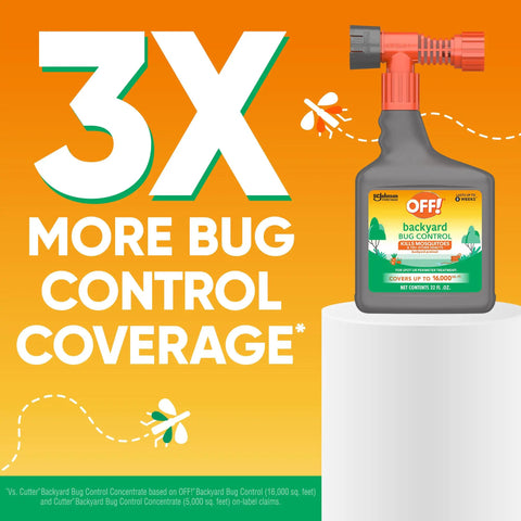 Backyard Bug Control Pretreat 32 Oz for Outdoor Insect Protection bottle on display, orange background with coverage text.