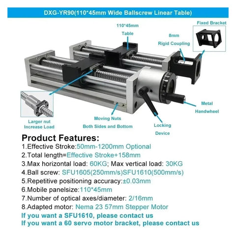 Electric Slide Table Kit With Nema23 Motor 57mm Linear Guide Rail Optical Axis Slide Stage And SFU1605 1610 Rails X Y Z Axis Motion Profile Table For Pro Grade Precision CNC Robotics And DIY Milling Projects 400mm Length showing components and features