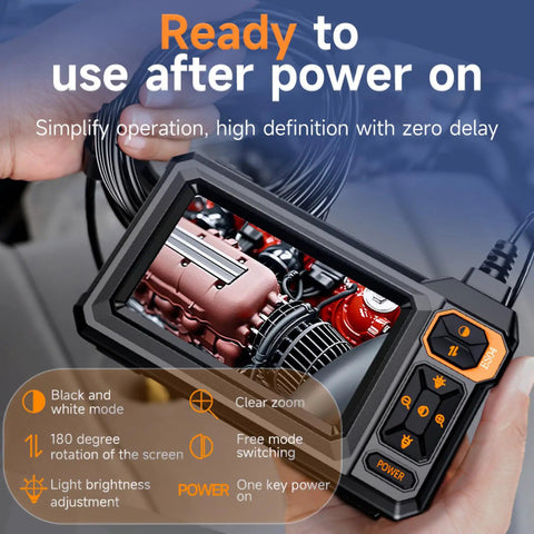 Handheld Borescope Camera With Built-In 4.3 Inch Display, 1080P Snake Camera, 16.5 Ft Cable, 8 LEDs, IP67 Waterproof, 1800mAh Battery, No Phone Needed, Perfect For Automotive, Plumbing, HVAC, And Wall Inspections. Handheld unit showing engine inspection view and control buttons