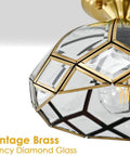 Close-up of Brass Glass Semi Flush Mount Ceiling Light One Light Vintage Gold Fixture For Hallways Foyers Entryways Kitchens And Bathrooms Close To Ceiling With Crystal Cut Glass showing brass diamond-faceted glass detail.