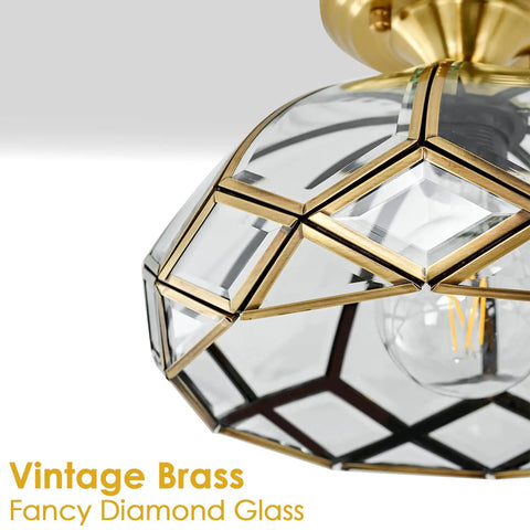 Close-up of Brass Glass Semi Flush Mount Ceiling Light One Light Vintage Gold Fixture For Hallways Foyers Entryways Kitchens And Bathrooms Close To Ceiling With Crystal Cut Glass showing brass diamond-faceted glass detail.