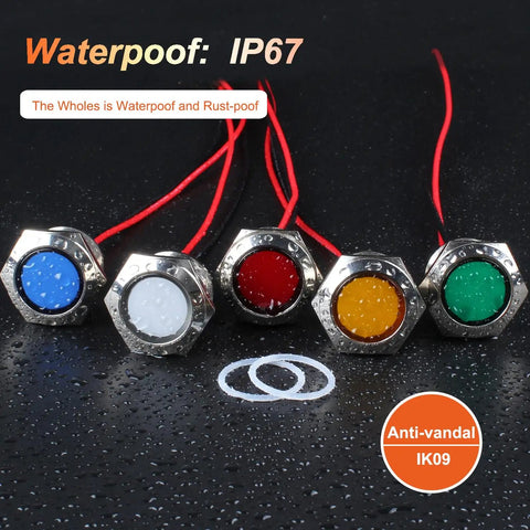 Two Pack 22mm Metal Indicator Light Seven Eighths Inch Mounting Hole 110-220 VAC IP67 Waterproof Flat Head LED Pilot Lamp With 20cm Wire Blue For Car Boat Truck Durable Brass Nickel Plated Case, blue