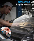 Person using Beast Mode Bright LED Work Light Pack Of 4 With 800 Lumens Rechargeable COB Power Level Indicator under car hood.