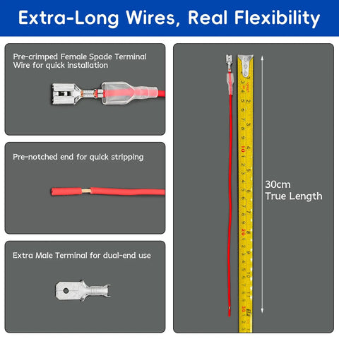 Speaker Wire Connector Kit With 30 Insulated Spade Terminals For 18AWG Cable including pre-crimped spade and male terminal.