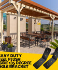 Pergola with installed 135-degree heavy duty steel flush angle brackets; outdoor setting with wood beams and benches visible.