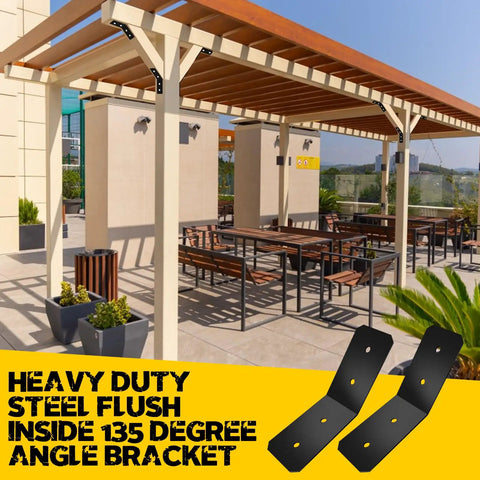 Pergola with installed 135-degree heavy duty steel flush angle brackets; outdoor setting with wood beams and benches visible.