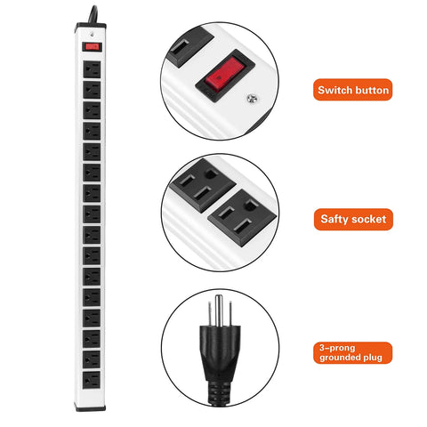 Beefy 16 Outlet Heavy Duty Power Strip With 15 Foot Extension Cord Metal Build Circuit Breaker Mounting Brackets Included Industrial Workshop Grade ETL Certified Black shown with safety features like switch and sockets.
