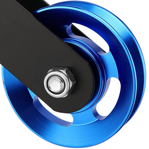 Beefy Aluminum Cable Pulley Wheel Set With Hanging Strap And Snap Hook, 3.5 Inch Snatch Block Rotates 360 Degrees, Heavy Duty Home Gym And DIY Pulley System, Blue close-up