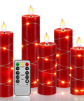 Red Flameless Candle Set With Remote Control Battery Powered LED Candles With String Lights In 4 5 6 7 8 Inch Sizes 5 Pieces