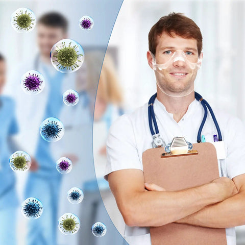 Doctor wearing Transparent Face Shield For Men And Women, Lightweight Anti Fog Protective Shield, holding clipboard.