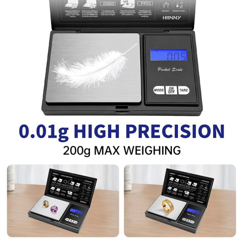 Pocket Digital Scale 200g Capacity, 0.01g Precision, displaying a feather on the scale, emphasizing high precision.