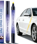 Real Talk Car Scratch Remover Pen For A Straight Up Rig Polish And Effortless Paint Touch Ups For All Exterior Colors And Weekend Warriors In A Twin Pack next to a car with scratches.