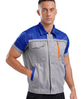 Mens Short Sleeve Mechanic Work Jacket With Reflective Safety Stripes And Heavy Duty Zipper Durable Contrast Utility Shirt, gray and blue.