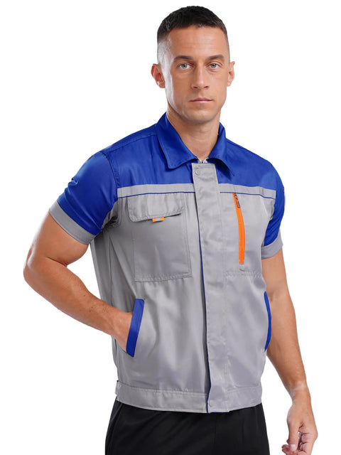 Mens Short Sleeve Mechanic Work Jacket With Reflective Safety Stripes And Heavy Duty Zipper Durable Contrast Utility Shirt, gray and blue.
