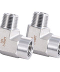 Two stainless steel 90-degree barstock street elbow fittings, 1/4 in NPT male to 1/4 in NPT female, 2-pack.