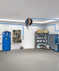 Workshop with compressor setup and tools, featuring the Built Like A Tank Heavy Duty Compressor Air Hose Measuring Three Quarters Inch By One Hundred Feet With Chicago Quick Connect Fittings And A Rugged Hybrid Rubber Pvc Composite Braided Core For Shop Grind.
