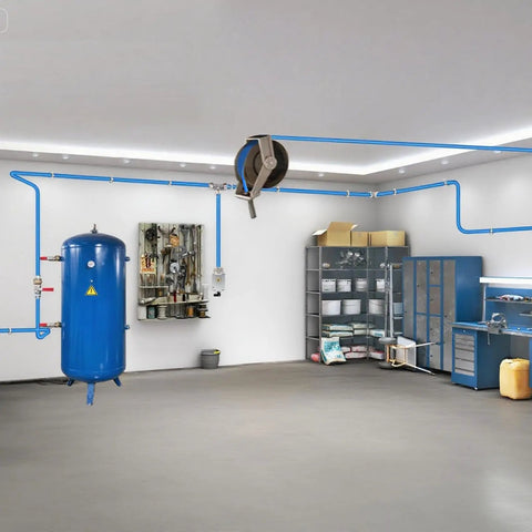 Workshop with compressor setup and tools, featuring the Built Like A Tank Heavy Duty Compressor Air Hose Measuring Three Quarters Inch By One Hundred Feet With Chicago Quick Connect Fittings And A Rugged Hybrid Rubber Pvc Composite Braided Core For Shop Grind.