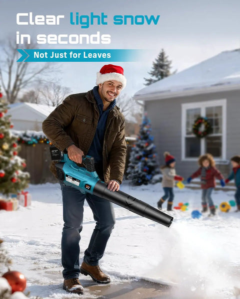 Person using 40V Cordless Leaf Blower With 650 CFM And 160 MPH Beastly Power in snowy backyard, children playing