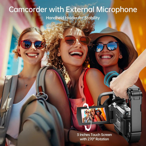 People recording with 8K Ultra HD Video Camera Camcorder For YouTube Vloggers with 88MP stills, WiFi, 18x zoom, and microphone.