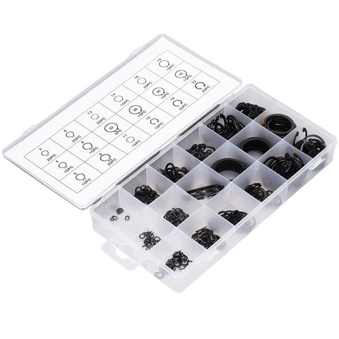 Open box showing various C Clip Circlip Snap Ring Retaining Fastener Hardware Kit With 300 Pcs Assorted Sizes For Machines Vehicles Cylinders