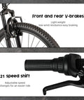 Close-up of V-brakes and 21-speed shift on 26 Inch Mountain Bike With Sturdy Aluminum And Steel Frame, built for men and women.