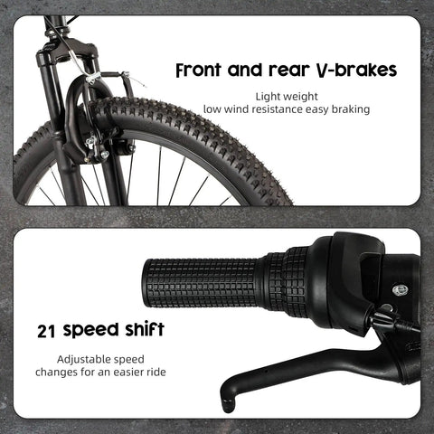 Close-up of V-brakes and 21-speed shift on 26 Inch Mountain Bike With Sturdy Aluminum And Steel Frame, built for men and women.