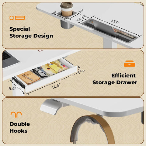 Flex Your Workspace Routine With This Slick Rollaway Standing Desk Featuring A Roomy Desktop Pull Out Storage Bin Built In Mug Holder Heavy Duty Side Hooks And Easy Glide Wheels - Close-up of desk features including storage drawer, mug holder, and hooks.
