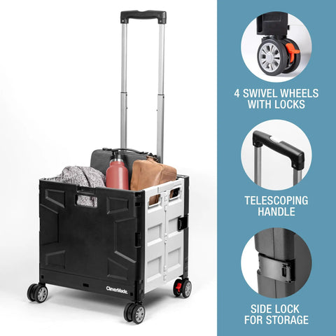 Collapsible Rolling Cart With Lid And Handle 35L 4 Wheel Utility Crate showing swivel wheels, telescoping handle, and side lock