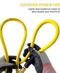 Heavy Duty Hybrid Air Compressor Hose 3/8 Inch X 50 Foot Lightweight Kink Free Airline With 1/4 Inch Brass Fittings in hands