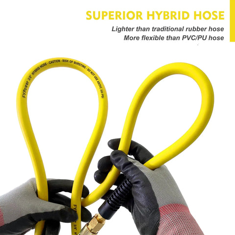 Heavy Duty Hybrid Air Compressor Hose 3/8 Inch X 50 Foot Lightweight Kink Free Airline With 1/4 Inch Brass Fittings in hands