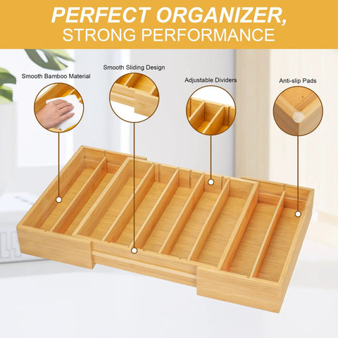 Expandable Bamboo K Cup Holder For Drawer Or Countertop Coffee Pod Storage Organizer shown with adjustable dividers
