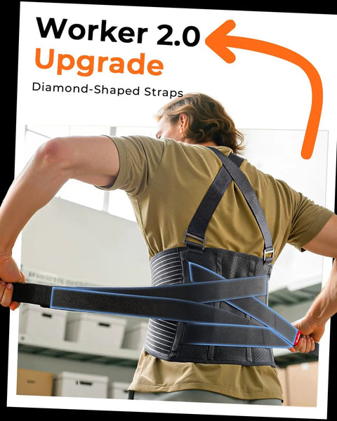 Man wearing Breathable Work Back Brace With Removable Suspenders For Men And Women, Medical Grade Lower Back Support Belt for lifting.