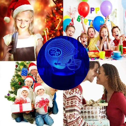 Football Helmet Shape 3D LED Night Light With Optical Illusion, Acrylic Desk Lamp glowing among festive and family scenes.